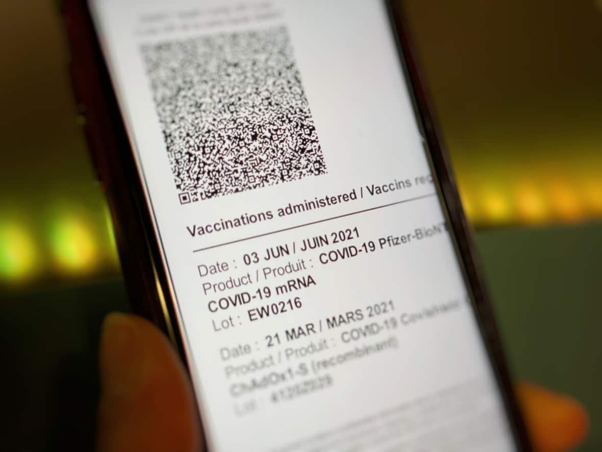 A digital vaccine record is shown on a cellphone in this file photo. Nova Scotia's vaccination mandate applies to more than 80,000 employees in the province, including those working in hospitals, schools, long-term care, corrections and child-care centres. (Matthew Howard/CBC - image credit)