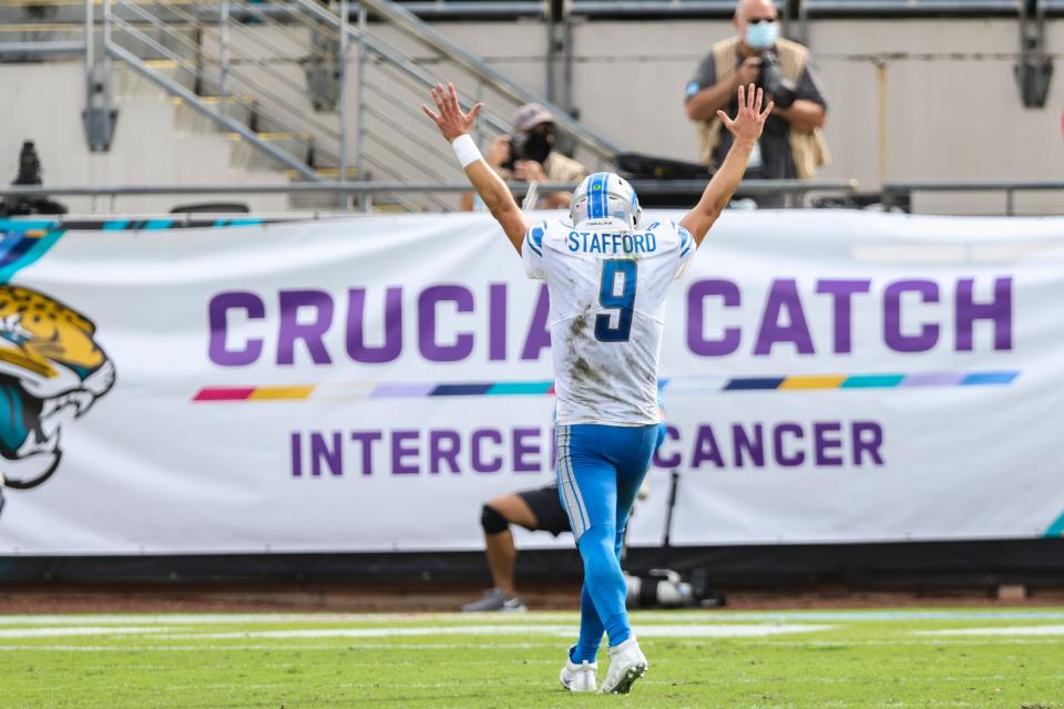 Detroit Lions' Matthew Stafford celebrates after scoring a touchdown during the fourth quarter against the Jacksonville Jaguars at TIAA Bank Field on Oct. 18, 2020 in Jacksonville, Fla.