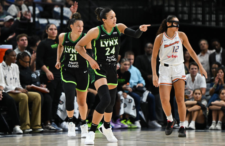 MINNEAPOLIS, MINNESOTA - SEPTEMBER 25: Napheesa Collier #24 of the Minnesota Lynx gestures after making a three-pointer during the second quarter in Game Two of Round One of the WNBA Playoffs against the Phoenix Mercury at Target Center on September 25, 2024 in Minneapolis, Minnesota. NOTE TO USER: User expressly acknowledges and agrees that by downloading and/or using this photo, User agrees to the terms and conditions of the Getty Images License Agreement. (Photo by Stephen Maturen/Getty Images)