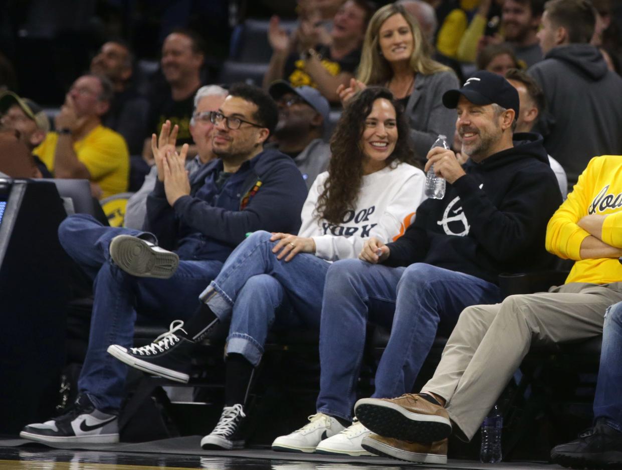 Sue Bird, former WNBA athlete, chats with actor Jason Sudeikis while watching the Iowa Women’s Basketball game against Bowling Green Saturday, Dec. 2, 2023 at Carver-Hawkeye Arena in Iowa City, Iowa.