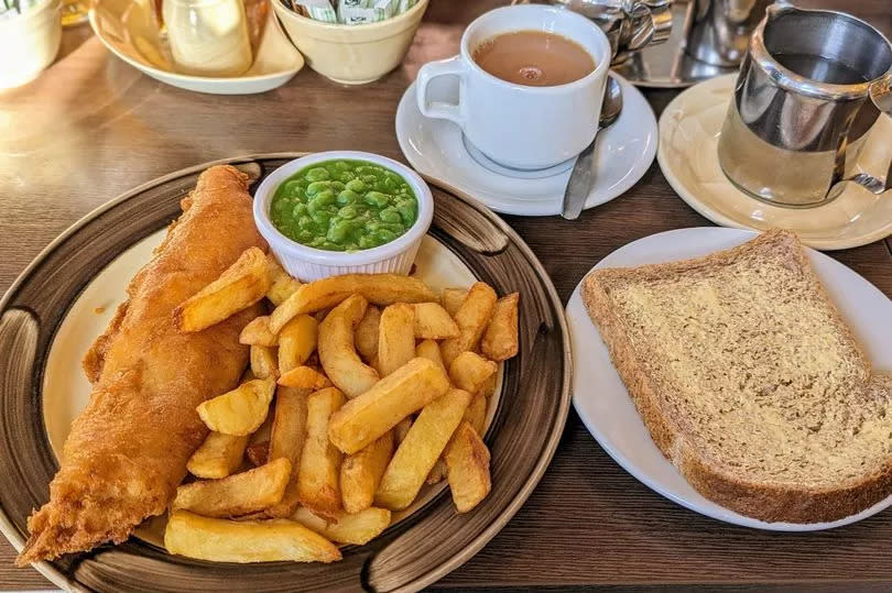 You can get fish and chips, with peas, bread and a pot of tea, or a cup of coffee, for £13.95