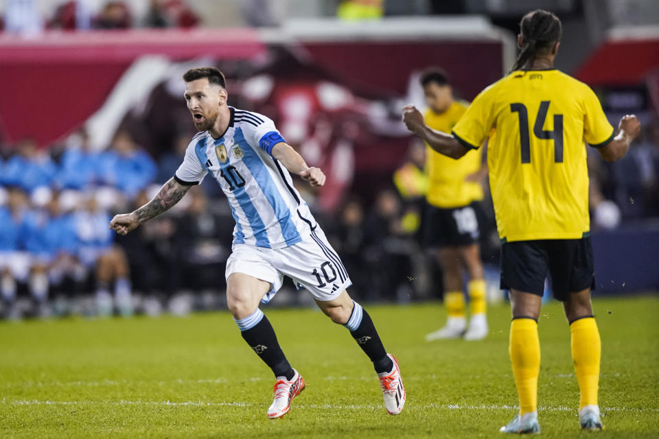 Argentina's player Lionel Messi celebrates his goal during the second half of an international friendly soccer match against Jamaica on Tuesday, Sept. 27, 2022, in Harrison, N.J. (AP Photo/Eduardo Munoz Alvarez)