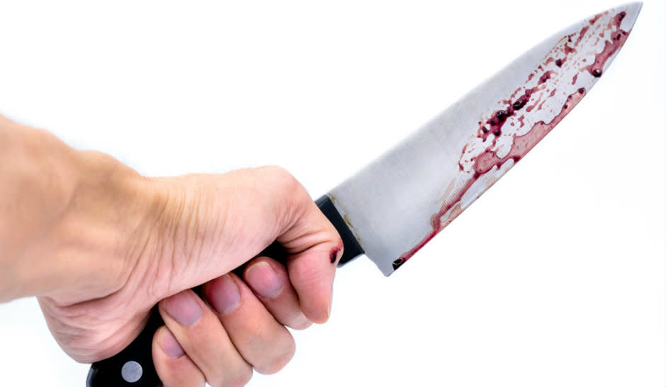 Hand holding bloody knife