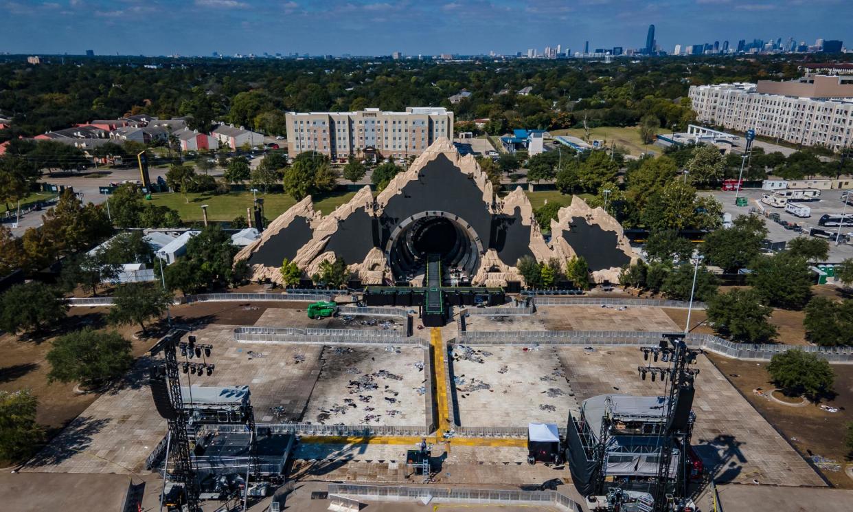 <span>The Astroworld main stage where a surging crowd killed several people, on 8 November 2021, in Houston, Texas.</span><span>Photograph: Mark Mulligan/AP</span>