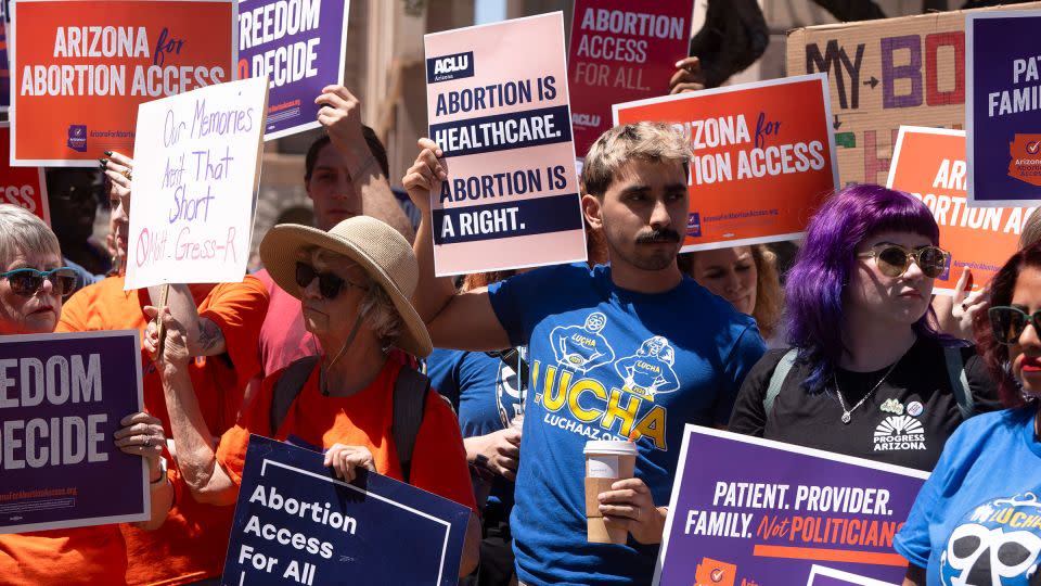 Members of Arizona for Abortion Access, the ballot initiative to enshrine abortion rights in the Arizona State Constitution, hold a press conference and protest condemning the 1864 abortion ban during a recess from a legislative session at the Arizona House of Representatives on April 17, 2024 in Phoenix, Arizona. - Rebecca Noble/Getty Images