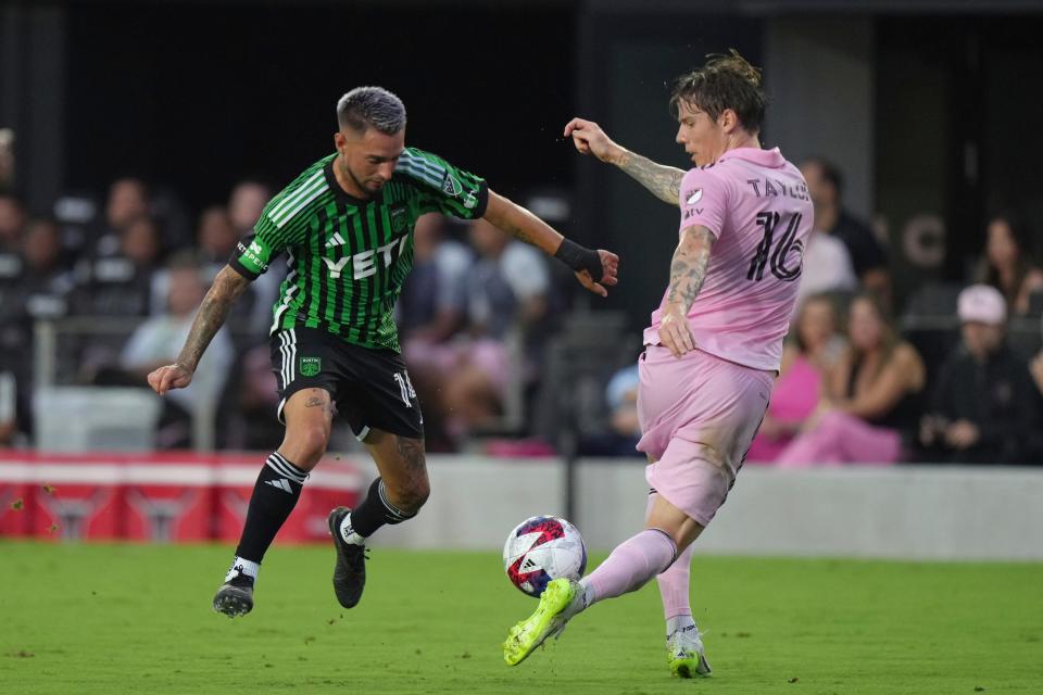 FORT LAUDERDALE, FL - JULY 01: Austin FC forward Diego Fagúndez (14) has his attack foiled by Inter Miami midfielder Robert Taylor (16) in the first half during the game between Austin FC and Inter Miami CF, on Saturday, June 1, 2023 at DRV PNK Stadium, Fort Lauderdale, Fla. (Photo by Peter Joneleit/Icon Sportswire) (Icon Sportswire via AP Images)