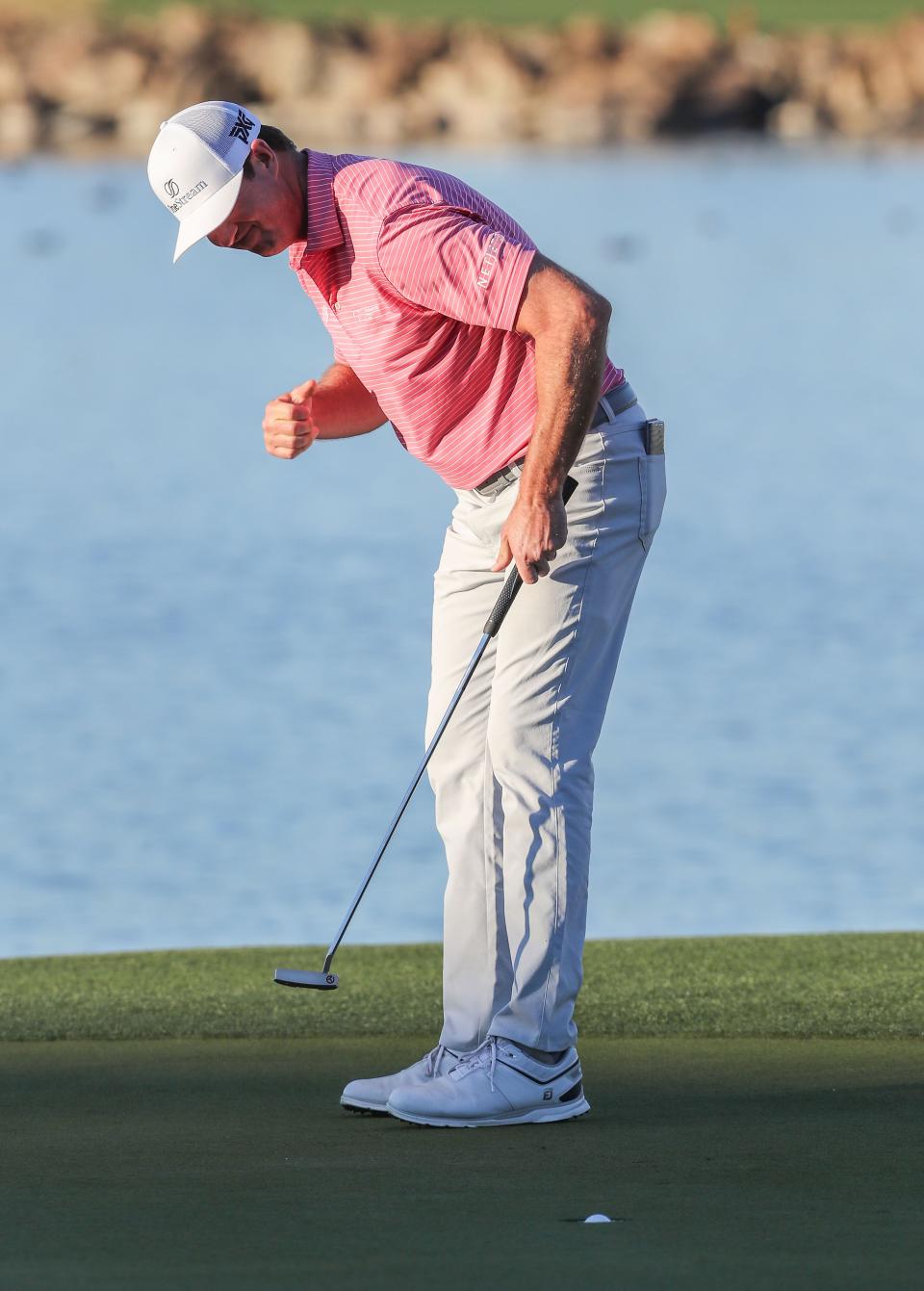 Hudson Swafford rolls in a par putt on the 18th hole to win the American Express on the Stadium Course at PGA West in La Quinta, Calif., Sunday, January 23, 2022.