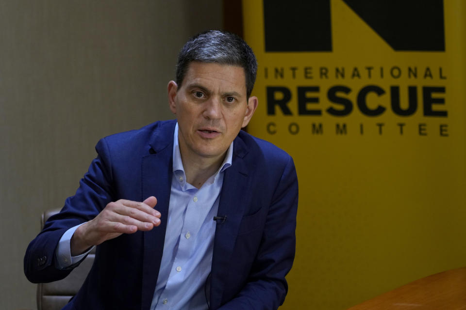 David Miliband, the President and CEO of the International Rescue Committee speaks during an interview with The Associated Press in Beirut, Lebanon, Tuesday, July 25, 2023. An impasse at the United Nations Security Council delaying opposition-held northwestern Syria is putting the lives of millions in "danger", the president of the International Rescue Committee said. (AP Photo/Bilal Hussein)
