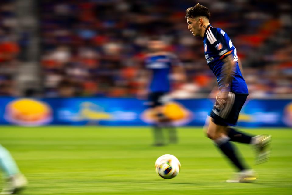 FC Cincinnati midfielder Luca Orellano (23) controls the ball in the second half of the MLS match between FC Cincinnati and Colorado Rapids at TQL Stadium in Cincinnati on Saturday, April 27, 2024.