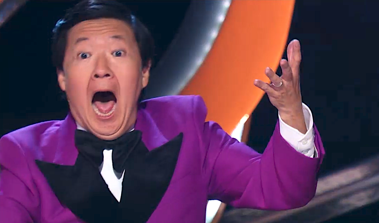 Ken Jeong and his castmates react to him actually guessing the Rubby Ducky's identity correctly. (Fox)