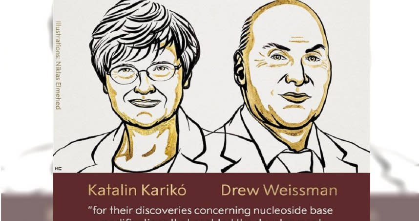 2023諾貝爾生醫獎頒給2位研究mRNA關鍵技術學者，分別為匈牙利裔美籍生技科學家卡里科和美國科學家魏斯曼。（圖／翻攝自推特）