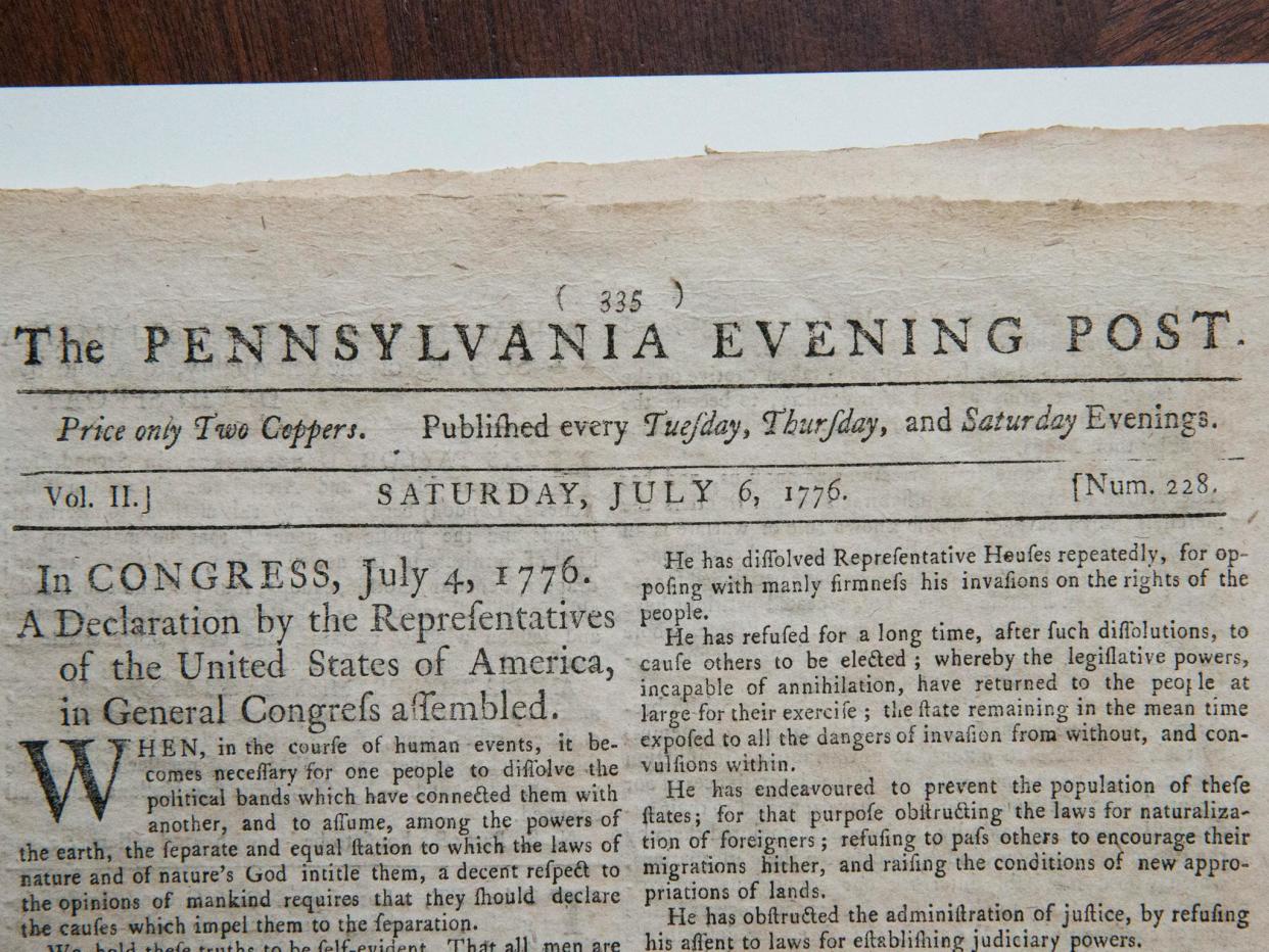 The first known newspaper printing of the Declaration of Independence, printed on 6 July 1776 in The Pennsylvania Evening Post,: Andrew Burton/Getty Images