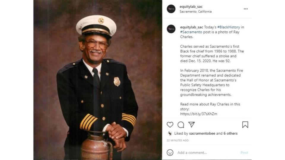 Today’s #BlackHistory in #Sacramento post is a photo of Ray Charles.

Charles served as Sacramento’s first Black fire chief from 1986 to 1988. The former chief suffered a stroke and died Dec. 15, 2020. He was 92.

In February 2018, the Sacramento Fire Department renamed and dedicated the Hall of Honor at Sacramento’s Public Safety Headquarters to recognize Charles for his groundbreaking achievements.