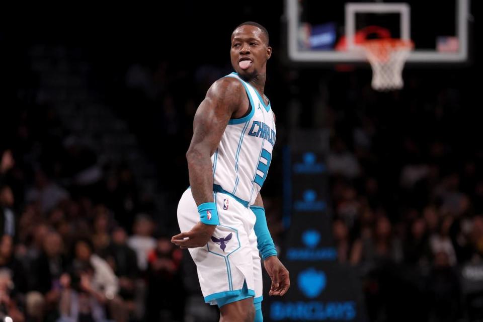 Charlotte Hornets guard Terry Rozier (3) reacts after a three point shot against the Brooklyn Nets during the fourth quarter at Barclays Center. Brad Penner/USA TODAY NETWORK