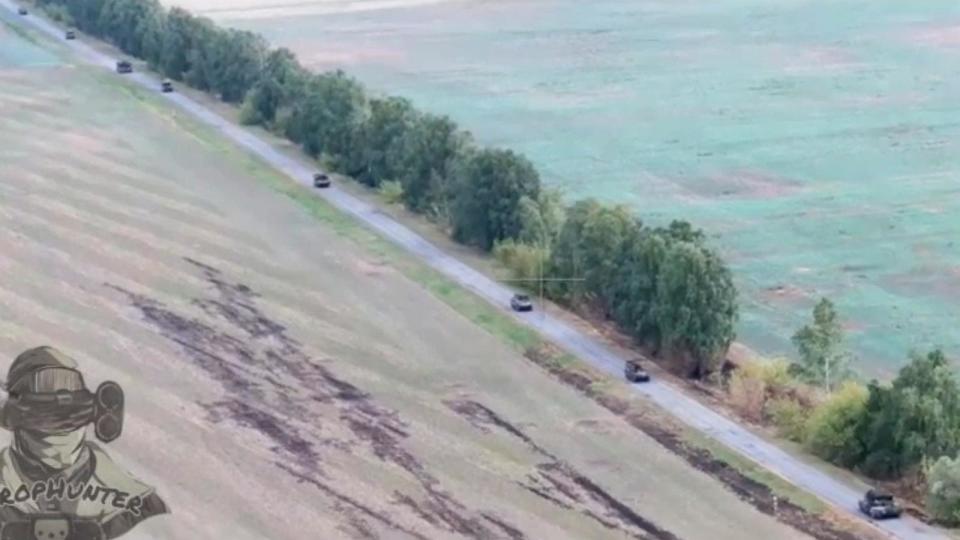 PHOTO: In a still from a video posted by a pro-Russian account, multiple vehicles are seen rushing toward the village of Snagost in Russia's Kurst region, Sept. 10, 2024. (       )