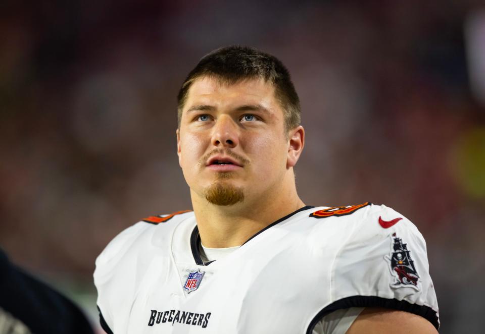 Dec 25, 2022; Glendale, Arizona, USA; Tampa Bay Buccaneers guard Luke Goedeke (67) against the Arizona Cardinals at State Farm Stadium. Mandatory Credit: Mark J. Rebilas-USA TODAY Sports