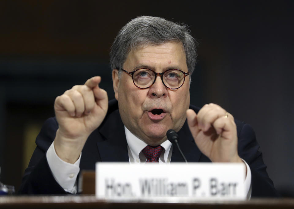 FILE - In this May 1, 2019 file photo, Attorney General William Barr testifies during a Senate Judiciary Committee hearing on Capitol Hill in Washington, on the Mueller Report. Former FBI lawyer Kevin Clinesmith will plead guilty to making a false statement in the first criminal case arising from U.S. Attorney John Durham's investigation into the probe of ties between Russia and the 2016 Trump campaign. (AP Photo/Andrew Harnik)