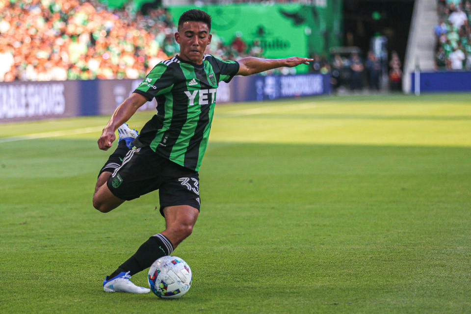 Austin FC midfielder Owen Wolff takes a shot during a 2-2 draw against Orlando City SC at Q2 Stadium on May 22. The 17-year-old has been called up to the United States' under-19 team.