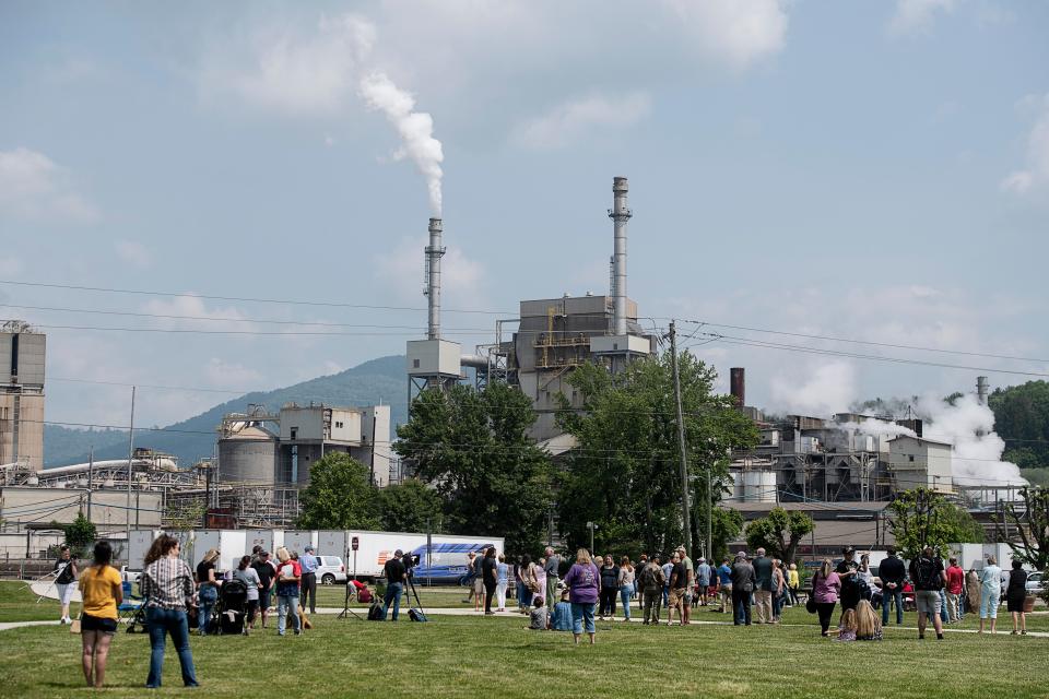 Canton community members gathered across from Evergreen Packaging at Sorrells Park May 24, 2023, to listen to the final shift bell.