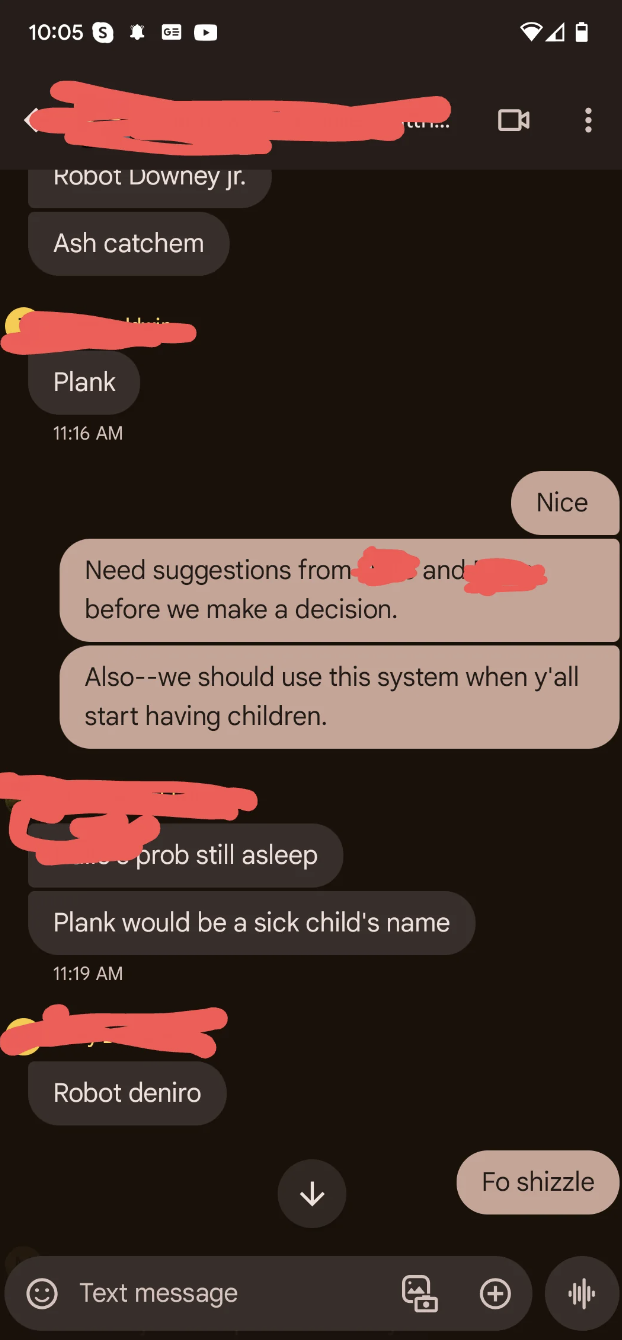 Family group chat about naming a block ash tray