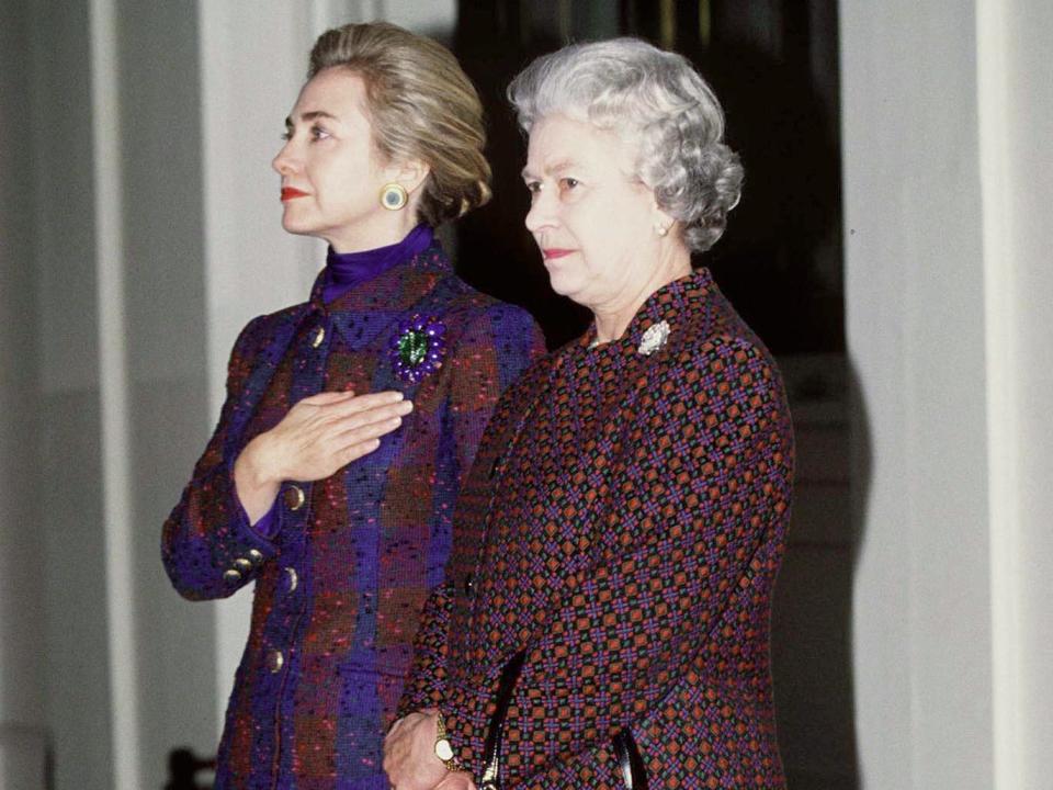 The Queen Meeting Hillary Clinton Wife Of President Bill Clinton At Buckingham Palace on November 29, 1995.