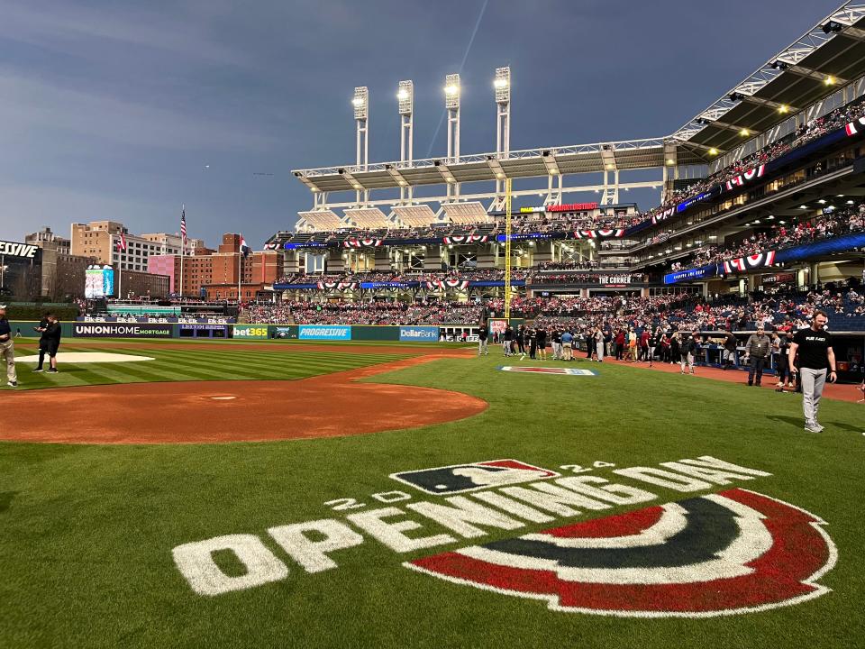 Progressive Field in Cleveland on the Guardians' Opening Day, the same day the total solar eclipse made its way through the area on Monday.