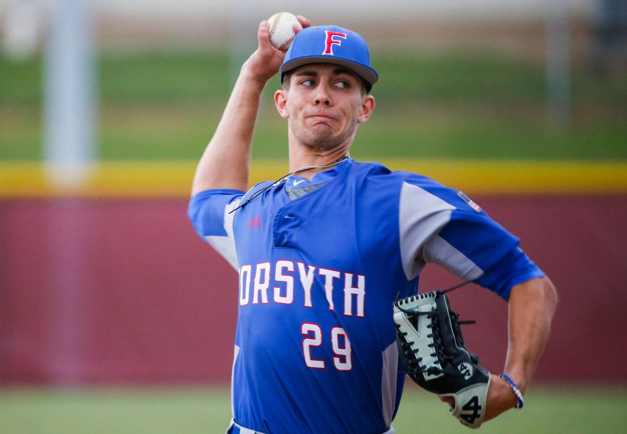 Forsyth Panthers starting pitcher Tristan Hunter delivers a pitch to the plate during a game against Strafford on Tuesday, April 23, 2024.