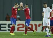 REFILE - CORRECTING GRAMMAR Football Soccer - Georgia v Serbia - World Cup 2018 Qualifiers - Group D - Boris Paichadze Dinamo Arena,Tbilisi, Georgia - 24/3/17. Serbia's Branislav Ivanovic and Aleksandar Kolarov celebrate after winning their match. REUTERS/David Mdzinarishvili