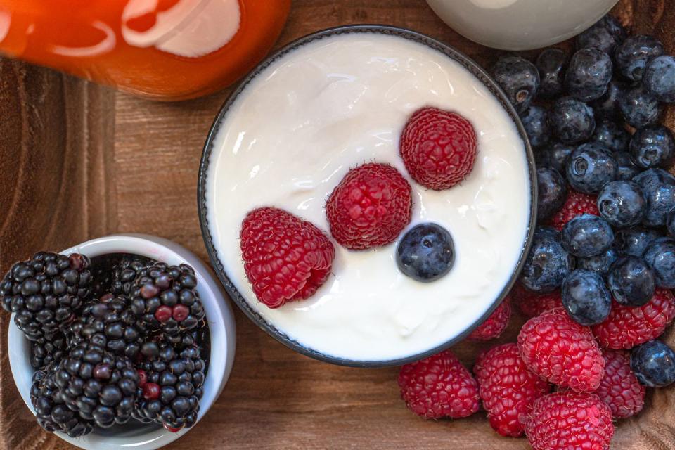yoghurt with whole fresh blueberries, raspberries