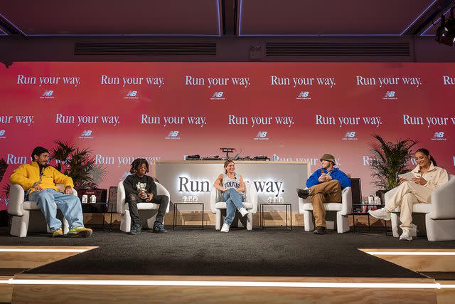 <p>Scott Sandler</p> From left: Marlon "Chito" Vera, Tommie Runz, Jess Movold, Harry Hudson and Greydy Diaz at New Balance’s TCS New York City Marathon Kick-Off Party on Nov. 3, 2023.