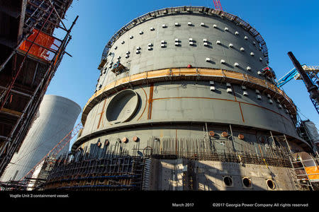 The Vogtle Unit 3, being constructed by primary contactor Westinghouse, a business unit of Toshiba, near Waynesboro, Georgia, U.S. is seen in an aerial photo taken March 2017. Georgia Power/Handout via REUTERS