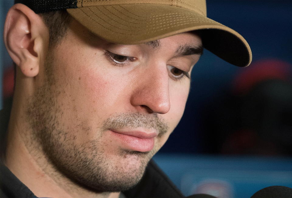 FILE - Montreal Canadiens goaltender Carey Price speaks to reporters during an end of season news conference in Brossard, Quebec, in this Monday, April 9, 2018, file photo. Canadiens goaltender Carey Price has voluntarily entered the NHL/NHL Players’ Association joint player assistance program, a stunning announcement Thursday, Oct. 7, 2021, less than a week before the season begins and just three months after he backstopped Montreal to the Stanley Cup Final.(Graham Hughes/The Canadian Press via AP, File)