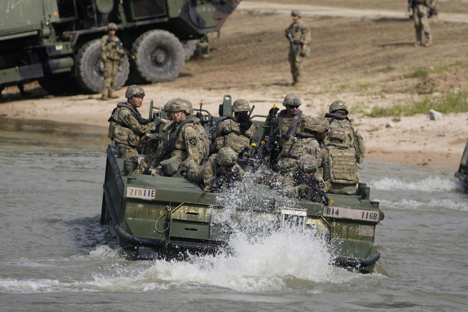 U.S. soldiers on a boat makes their way to shores during the combined wet gap crossing military drill between South Korea and the United States as a part of the Ulchi Freedom Shield military exercise in Cheorwon, South Korea, Thursday, Aug. 31, 2023. (AP Photo/Lee Jin-man)