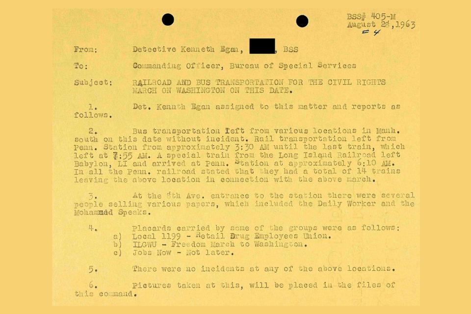 A typewritten NYPD Surveillance file of the March on Washington on yellow paper.