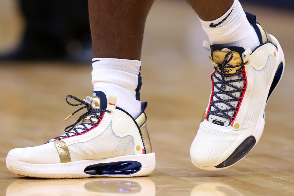 NEW ORLEANS, LOUISIANA - OCTOBER 11: Nike Air Jordan shoes are seen worn by Zion Williamson #1 of the New Orleans Pelicans during a game at the Smoothie King Center on October 11, 2019 in New Orleans, Louisiana. NOTE TO USER: User expressly acknowledges and agrees that, by downloading and or using this Photograph, user is consenting to the terms and conditions of the Getty Images License Agreement.  (Photo by Jonathan Bachman/Getty Images)