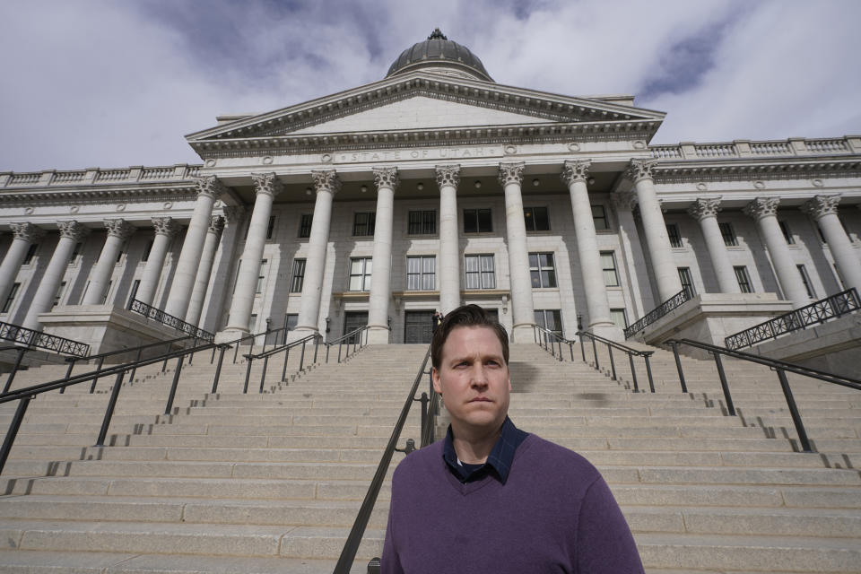 Shawn Blymiller, poses for a photograph in front of the Utah State Capitol on Wednesday, Feb. 15, 2023, in Salt Lake City. Blymiller, a 39-year-old father of two from suburban Salt Lake City, said he started magic mushroom therapy for treatment-resistant depression after becoming disillusioned with traditional anti-depressants. Lawmakers throughout the United States are weighing proposals to legalize psychedelic mushrooms for people. (AP Photo/Rick Bowmer)