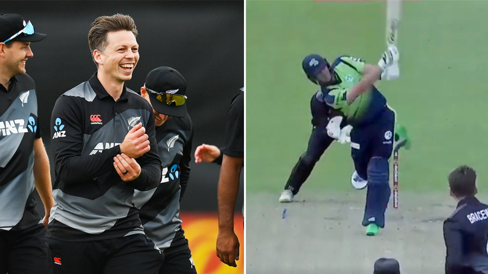 Cricket allrounder Michael Bracewell (pictured left) celebrating and (pictured right) Bracewell dismissing an Ireland batter.