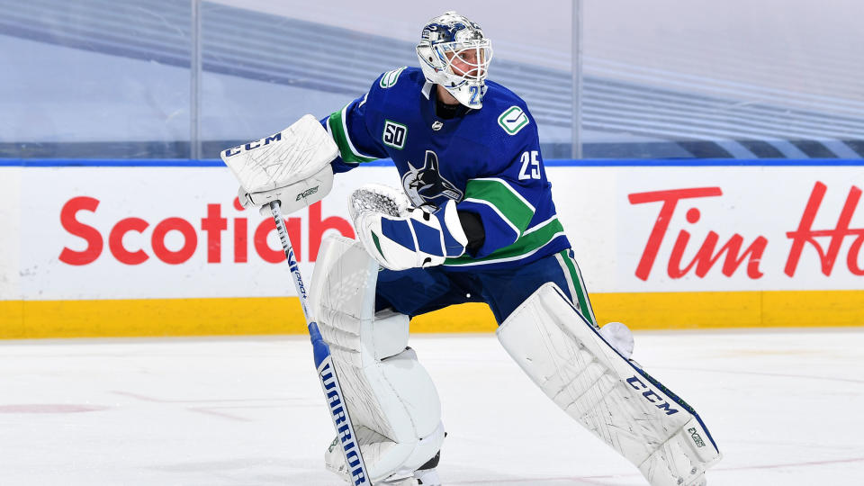 EDMONTON, ALBERTA - AUGUST 30: Goaltender Jacob Markstrom #25 of the Vancouver Canucks skates to the bench in the third period of Game Four of the Western Conference Second Round of the 2020 NHL Stanley Cup Playoff between the Vegas Golden Knights and the Vancouver Canucks at Rogers Place on August 30, 2020 in Edmonton, Alberta. (Photo by Andy Devlin/NHLI via Getty Images)