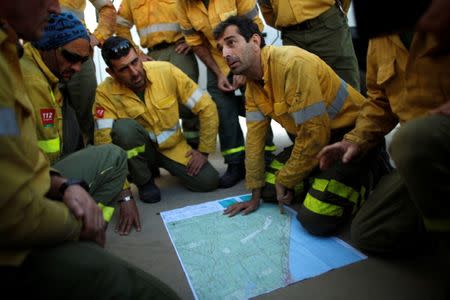 Firefighters look at a map of an area with an active forest fire near Donana National Park, in Mazagon, Spain June 26, 2017. REUTERS/Jon Nazca