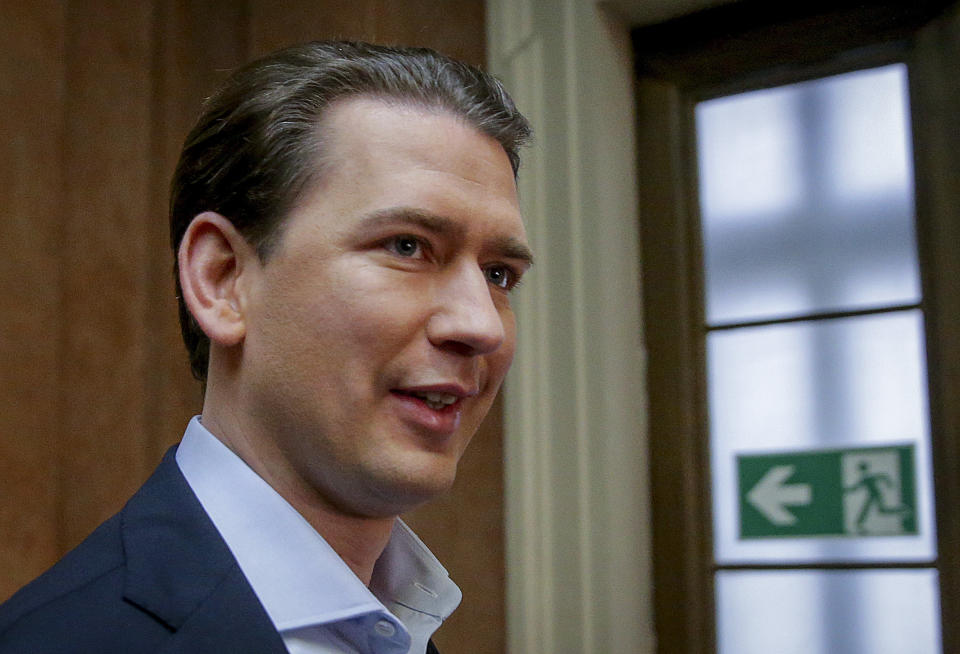 Former Austrian Chancellor Sebastian Kurz appears at court for the expected verdict of his trial in Vienna, Austria, Friday, Feb.23, 2024. Kurz is charged with having allegedly making false statements to a parliamentary inquiry into alleged corruption in his first government. (AP Photo/Heinz-Peter Bader)