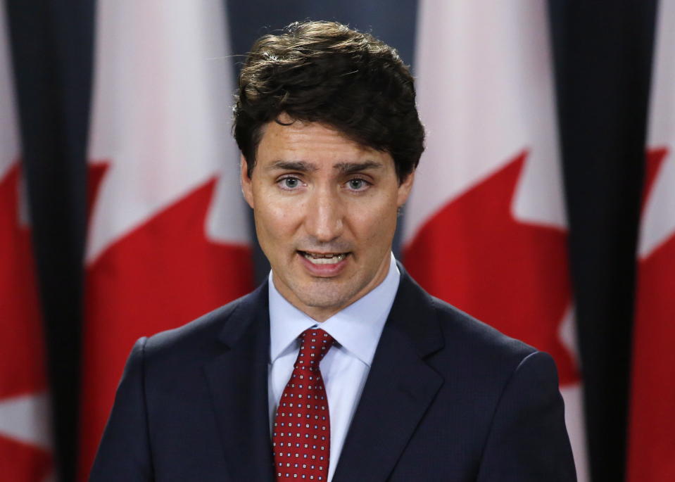 Canadian Prime Minister Justin Trudeau speaks during a news conference in Ottawa, Ontario on Thursday, May 31, 2018. The Trump administration announced Thursday that it will impose tariffs on steel and aluminum imports from Europe, Mexico and Canada. Trudeau said: “These tariffs are totally unacceptable.” Canada announced plans to slap tariffs on $16.6-billion Canadian (US$12.8 billion) worth of U.S. products, ranging from steel to yogurt to toilet paper. (Patrick Doyle/The Canadian Press via AP)