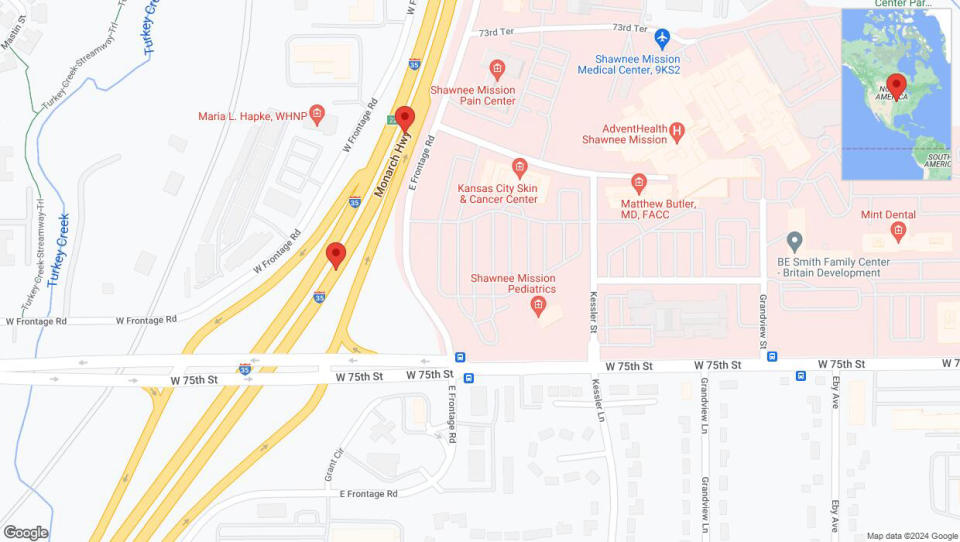 A detailed map that shows the affected road due to 'Broken down vehicle on eastbound I-35 in Merriam' on July 18th at 7:31 p.m.