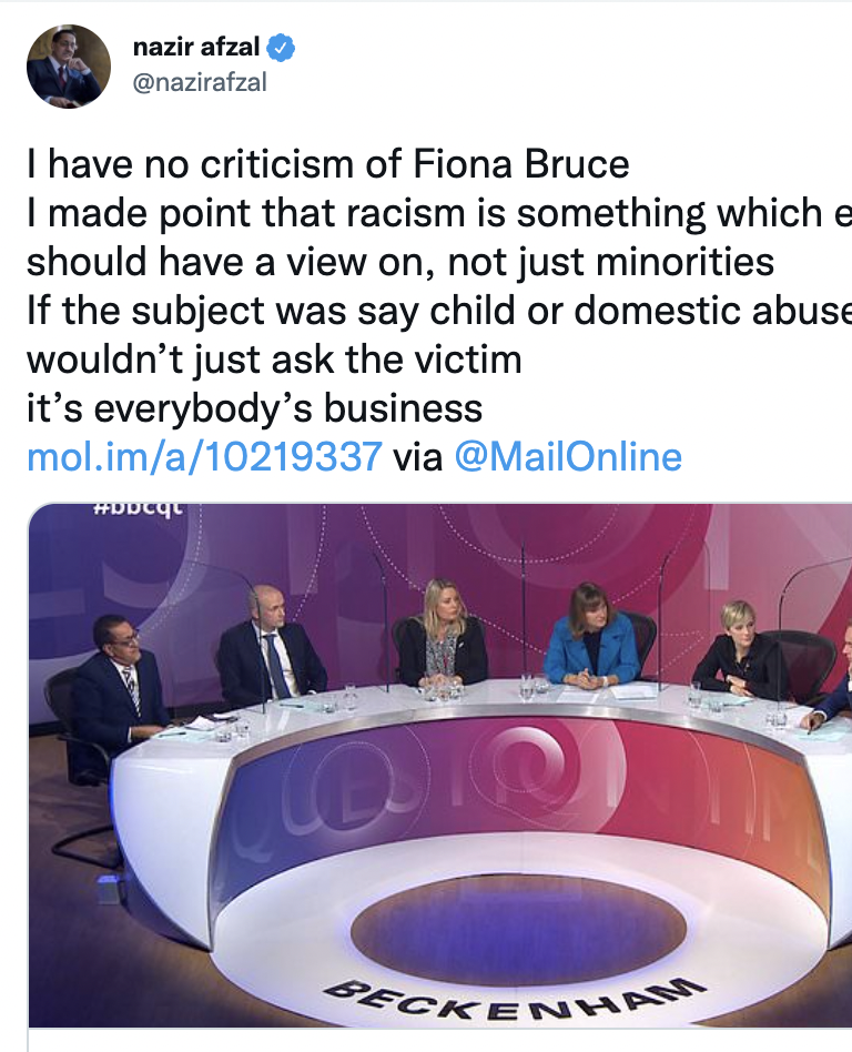 Nazir Afzal later tweeted that he was not criticising Fiona Bruce. (Twitter/Nazir Afzal)