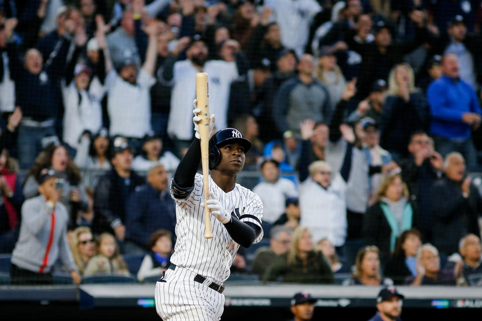 New York Yankees shortstop Didi Gregorius (18) reacts to hitting a grand slam against the Minnesota Twins in the third inning in game two of the 2019 ALDS playoff baseball series at Yankee Stadium. (Andy Marlin-USA TODAY Sports)