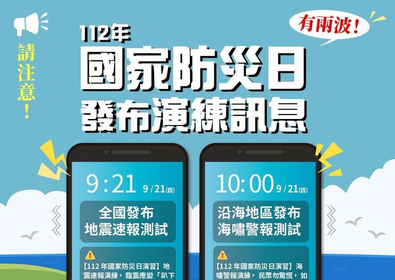 今天是國家防災日，今天上午9點21分與上午10點整，將分別發送「地震速報」及「海嘯警報」演練訊息測試。（氣象署提供）