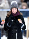 <p>The Duchess of Cambridge wore a wool hand-knit beanie by Eugenia Kim while attending a Bandy hockey match with Prince William to learn more about the sport during day one of their royal visit to Sweden and Norway on Jan. 30, 2018. (Photo: Karwai Tang/WireImage) </p>