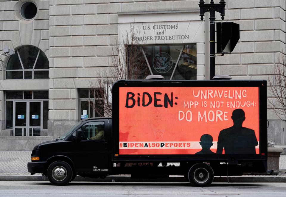 A billboard truck flashes messages about continuing  deportations of Black immigrants before a rally on February 15, 2021, in Washington, DC.