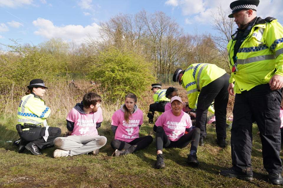 Protesters are detained by police during day three of the Randox Grand National Festival at Aintree Racecourse, Liverpool. Picture date: Saturday April 15, 2023. (Photo by Tim Goode/PA Images via Getty Images)