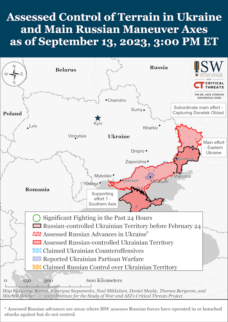 Map of Ukraine with Russian-controlled areas in red.