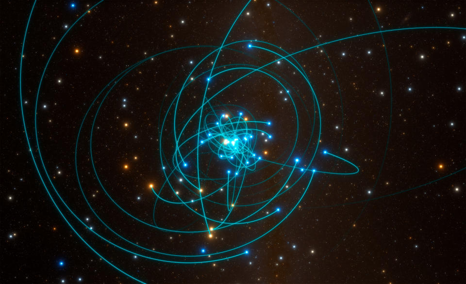 An atrist's impression of the orbits of stars very close to the supermassive black hole at the heart of the Milky Way